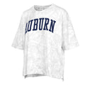 Auburn Varsity Camo Oversized Short Sleeve T-Shirt in white and light grey all over camo pattern and school name across the chest in collegiate font.