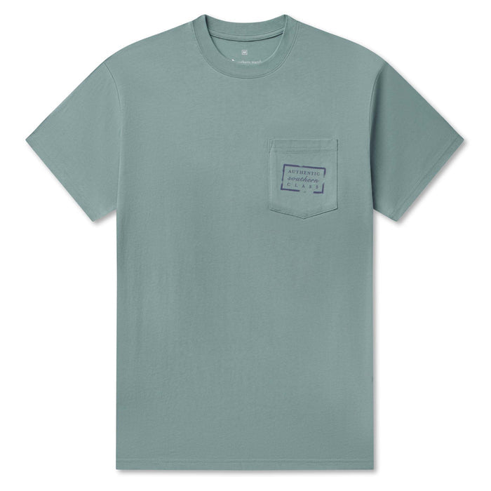 Sage green t-shirt with a pocket on a white background