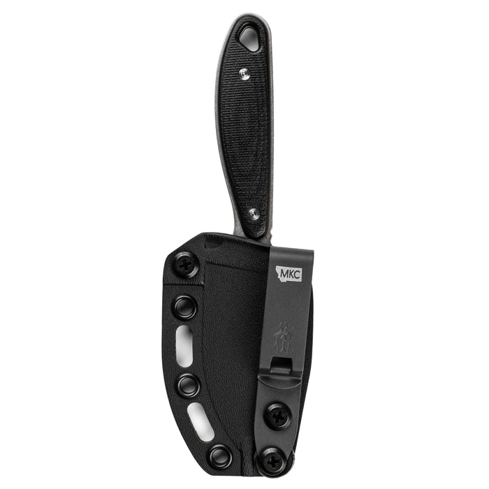Black BADROCK knife with a textured handle and a durable sheath, designed for outdoor and tactical use.