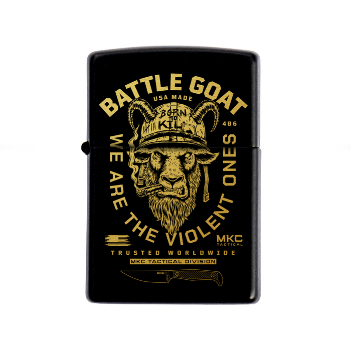 Black Zippo lighter featuring a gold graphic of a goat's head with "BATTLE GOAT" and "WE ARE THE VIOLENT ONES" text.
