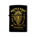 Black Zippo lighter featuring a gold graphic of a goat's head with "BATTLE GOAT" and "WE ARE THE VIOLENT ONES" text.