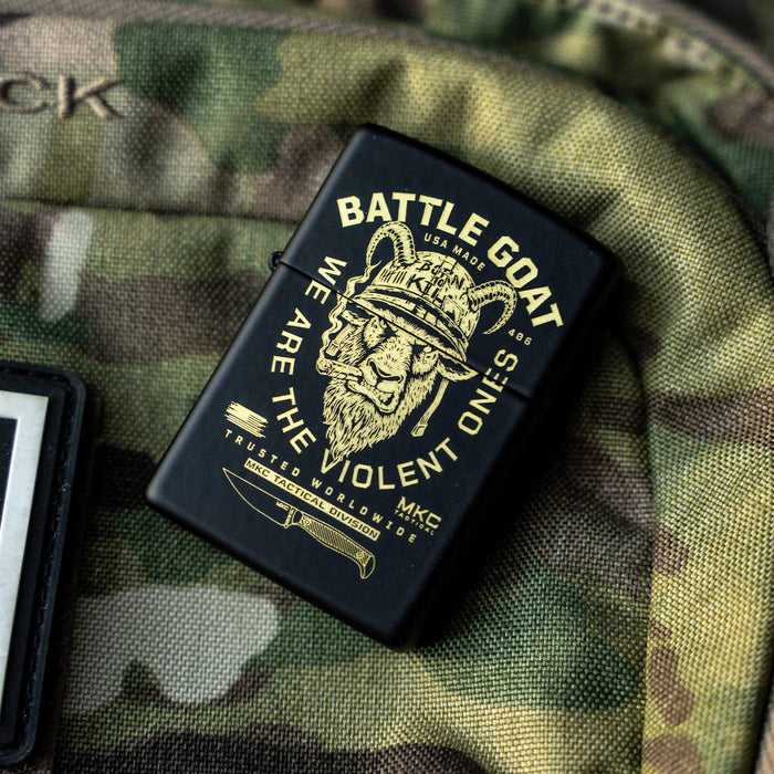 Black Zippo lighter featuring "BATTLE GOAT" and a lion graphic, designed for outdoor enthusiasts and tactical use.