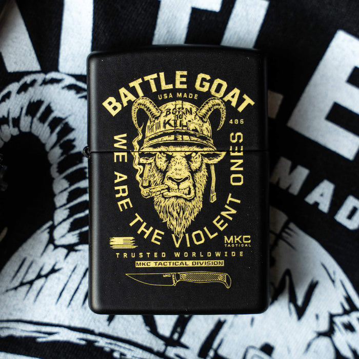 Black Zippo lighter featuring a goat design and the text "BATTLE GOAT WE ARE THE VIOLENT ONES" by Montana Knife Company.