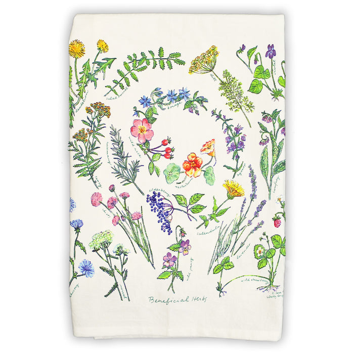 Beneficial Herbs White Tea Towel