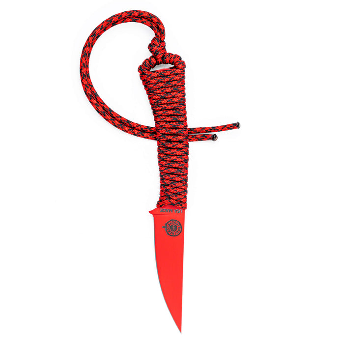 Black and red mini fixed-blade knife with a sleek design and paracord handle, ideal for outdoor and tactical use.