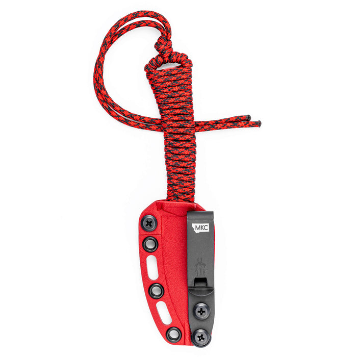Black and red Blood Brothers Mini-Speedgoat 2.0 knife with a paracord handle and sheath, designed for outdoor use.