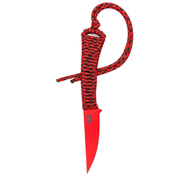 Black and red mini-speedgoat knife with a sleek blade and paracord handle, designed for outdoor and tactical use.