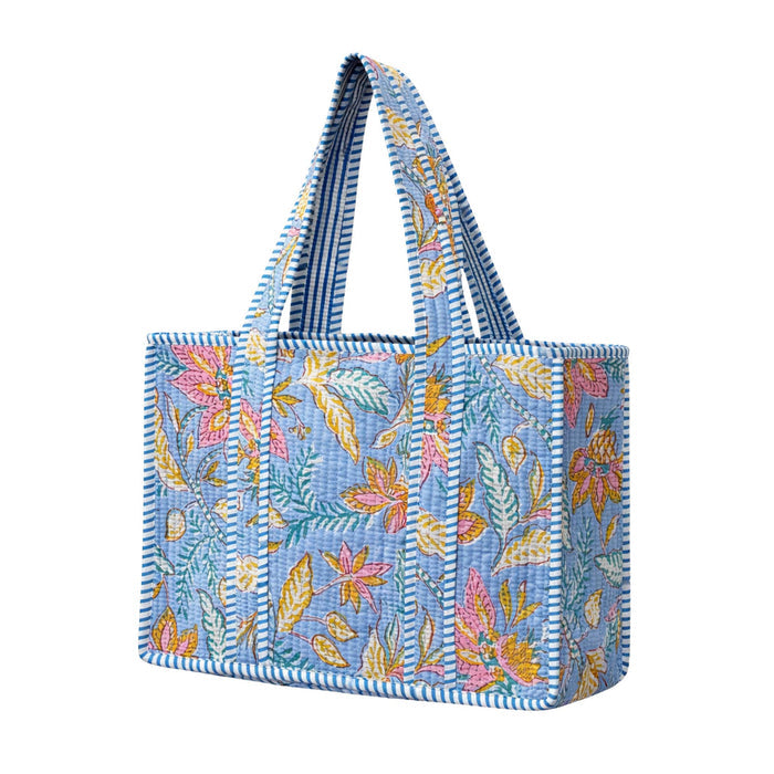 Blue with Flowers Mini Quilted Tote Bag