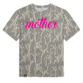 Camo print t-shirt with bright pink “mother” script text across front.