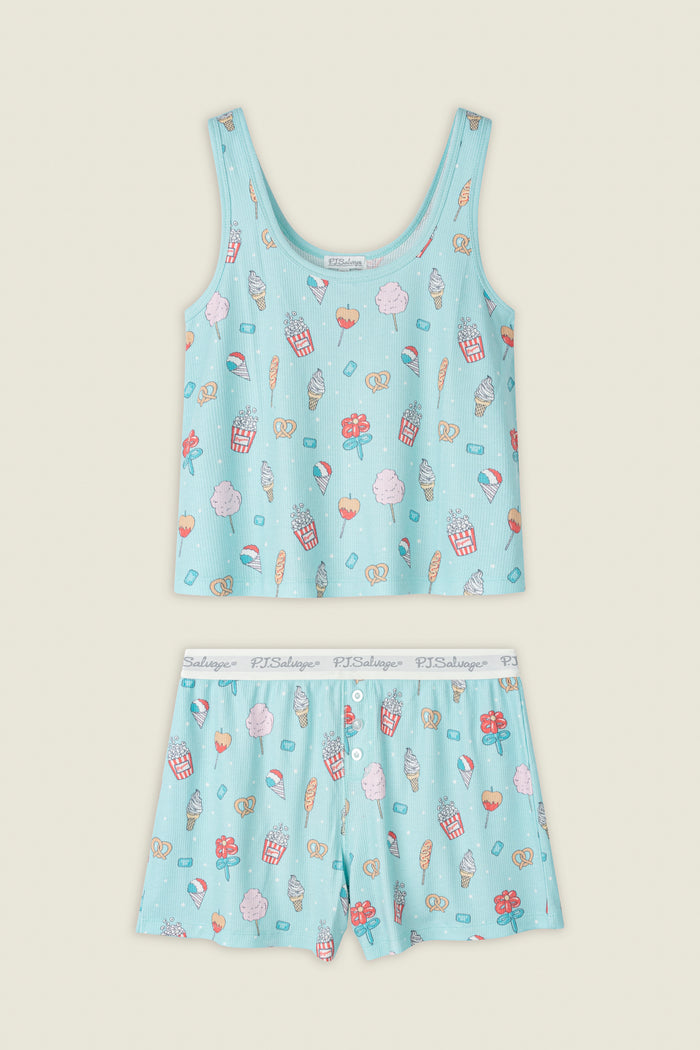 Light blue fabric with a playful print of popcorn, pretzels, and ice cream cones.