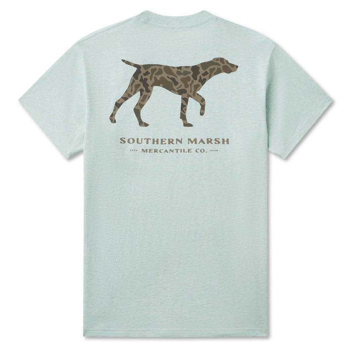 Light green t-shirt with a dog graphic and 'Southern Marsh' text on the back.