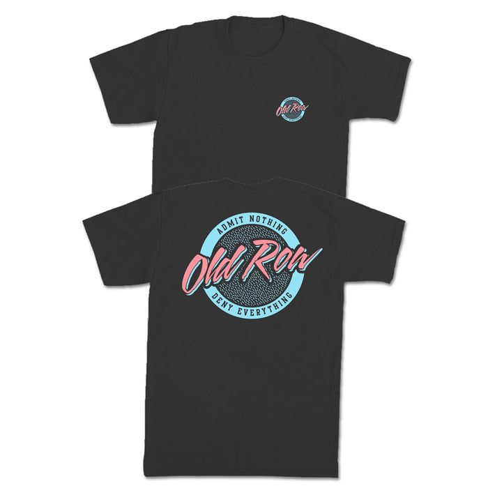 Old Row Admit Nothing Deny Everything short sleeve t-shirt in pepper grey. Features small front chest logo and large back graphic with retro blue and pink fingerprint design.