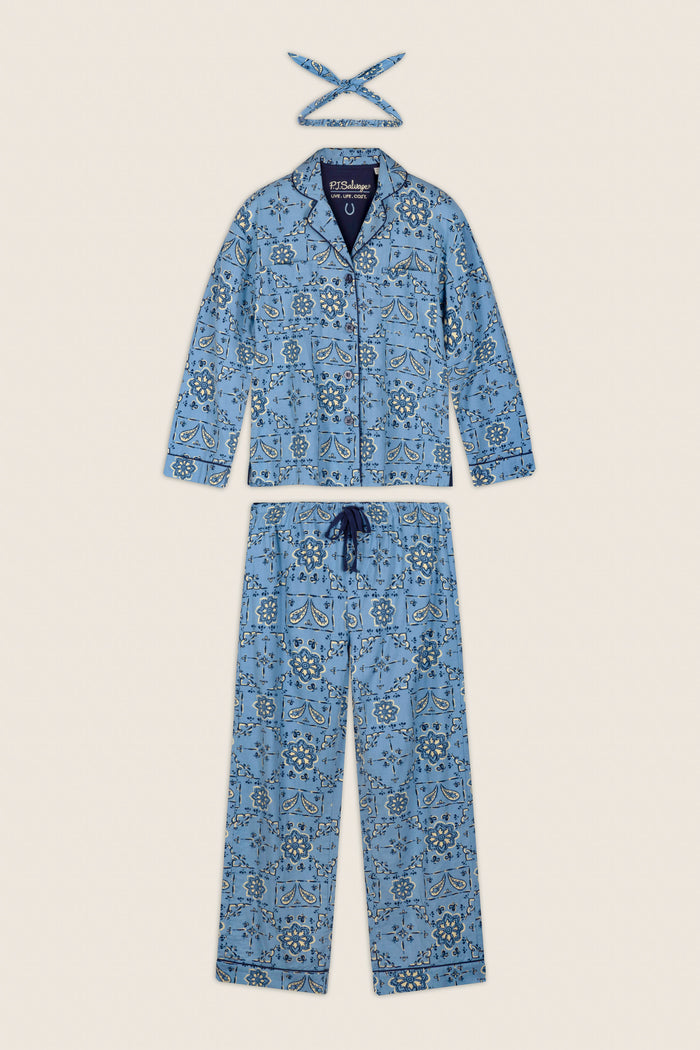 The Classic Paisley Bandana Print 3-Piece Long Sleeve Flannel PJ Set by P.J. Salvage is shown in blue with a matching bandana, featuring a dark blue paisley and floral pattern, displayed flat on a light background.