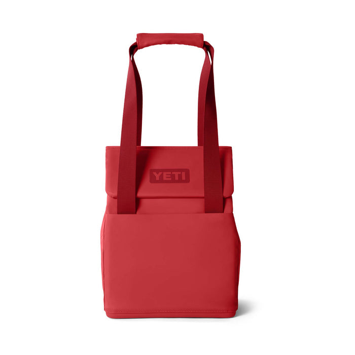Front view of the YETI Daytrip 14L Tote Bag in Rescue Red with the shoulder strap extended upward.
