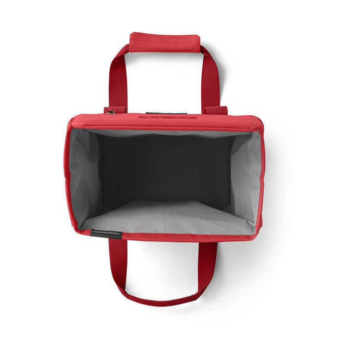 Overhead view of the tote with an empty interior showing the gray insulated lining.