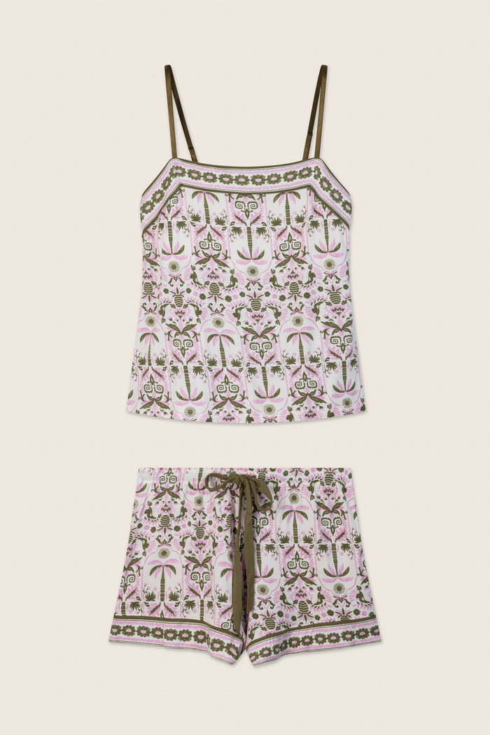 The P.J. Salvage Déjà Vu Dreams Tiki Time Short PJ Set is a two-piece women's pajama featuring a floral pattern in pink, green, and beige with a sleeveless strappy top and drawstring shorts.