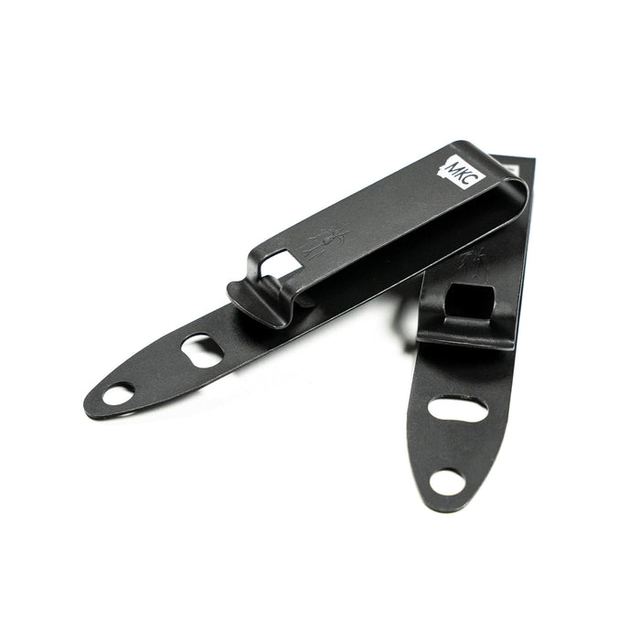 Discreet carry pocket clip designed for secure attachment to knives, featuring a sleek black finish and durable construction.