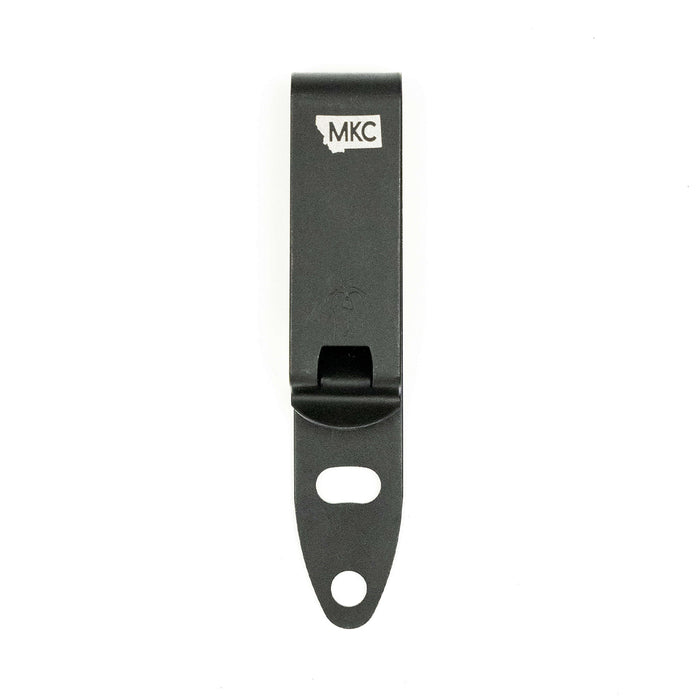 Black discreet carry pocket clip with Montana Knife Company logo, designed for secure knife attachment.