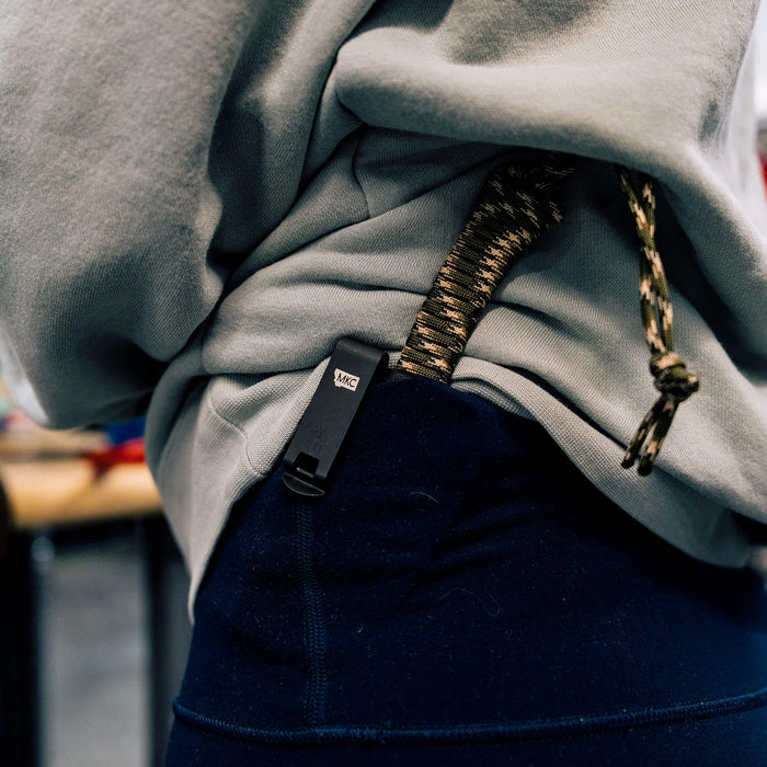 Discreet Carry Pocket Clip attached to a hoodie pocket, showcasing its sleek design for easy access and concealment.