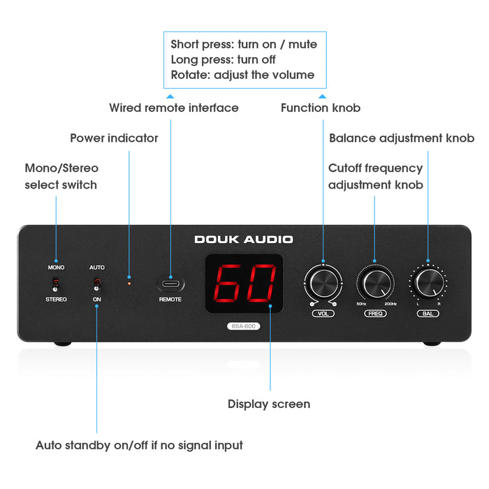 Douk Audio BSA-600 230W Bridge Stereo/Mono Bass Shaker Amplifier Subwoofer Power Amp for Transducer