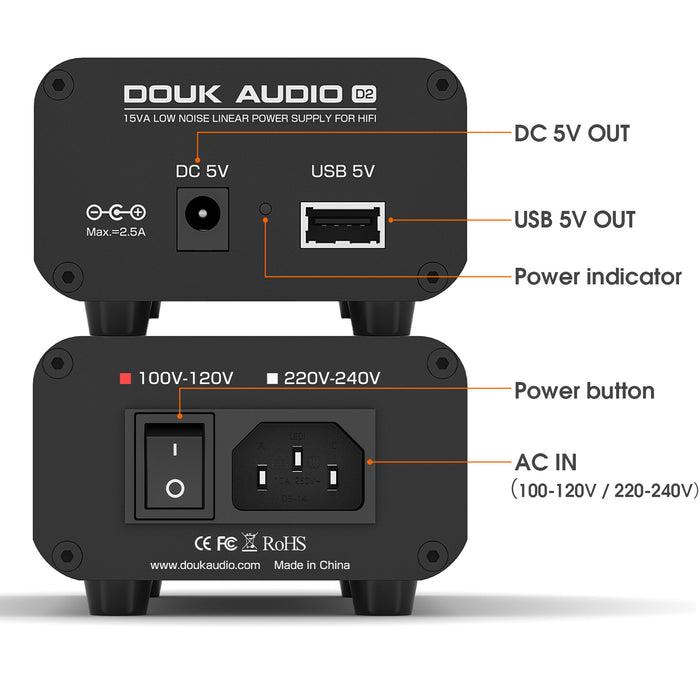 Douk Audio D2 15W HiFi Linear Power Supply with DC+USB 5V Output