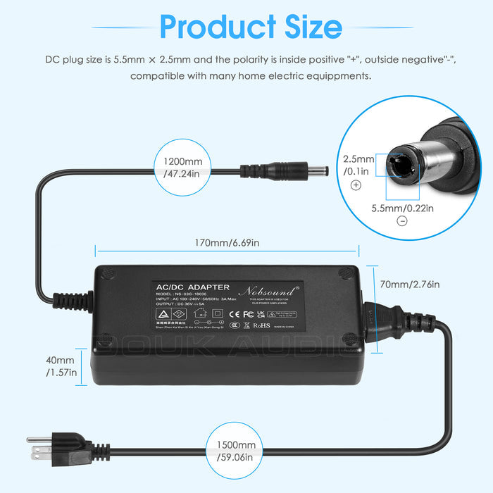 Douk Audio DC 19/24/32/36/48V Power Supply Adapter AC 100-240V Transformer