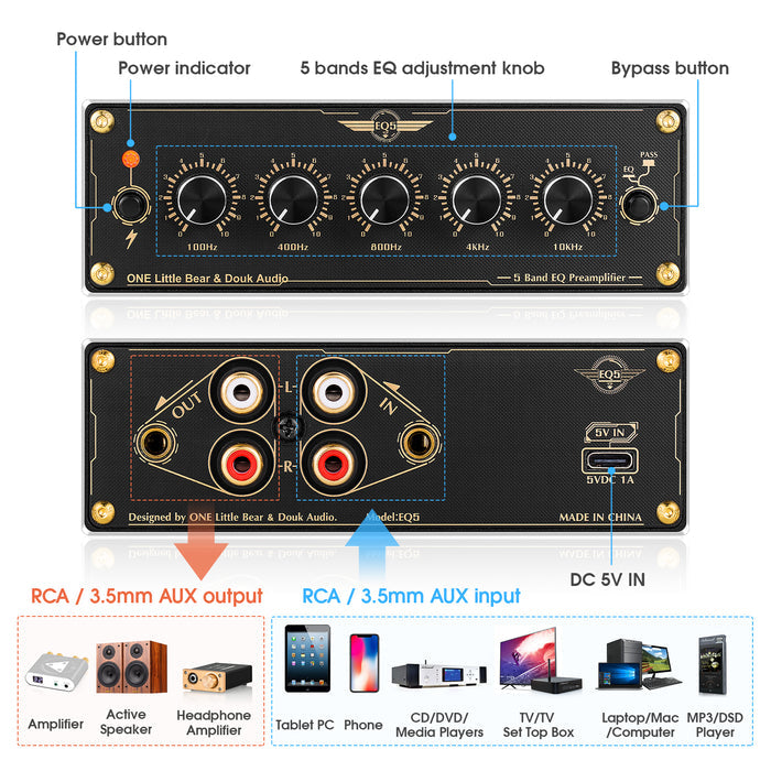 Douk Audio EQ5 Mini 5-Band EQ Preamp Equalizer Stereo Home/Car Audio Processor