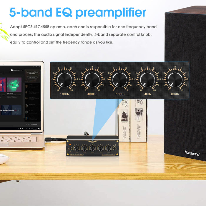 Douk Audio EQ5 Mini 5-Band EQ Preamp Equalizer Stereo Home/Car Audio Processor