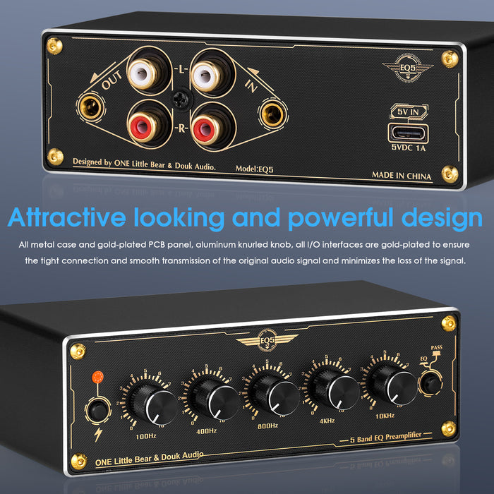 Douk Audio EQ5 Mini 5-Band EQ Preamp Equalizer Stereo Home/Car Audio Processor