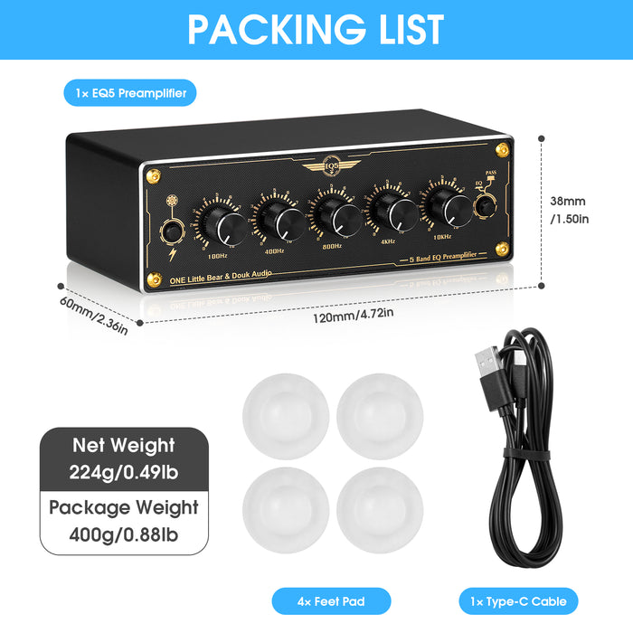 Douk Audio EQ5 Mini 5-Band EQ Preamp Equalizer Stereo Home/Car Audio Processor