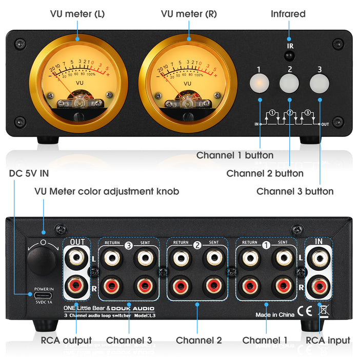 Douk Audio L3 3 Channel Stereo Audio Loop Switcher with VU Meter RCA Selector BOX
