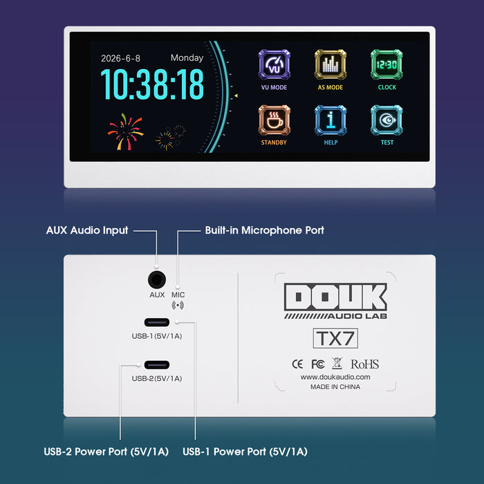 Douk Audio Lab TX7 Desktop Display with VU Meter, Spectrum Visualizer & Clock