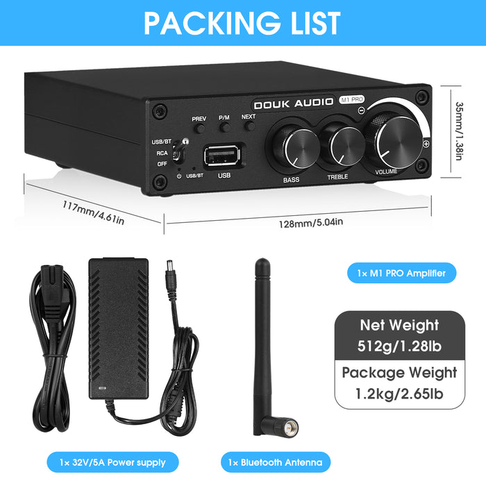 Douk Audio M1 PRO HiFi Bluetooth 5.0 Digital Amplifier Desktop Stereo Amp USB Player 160W×2
