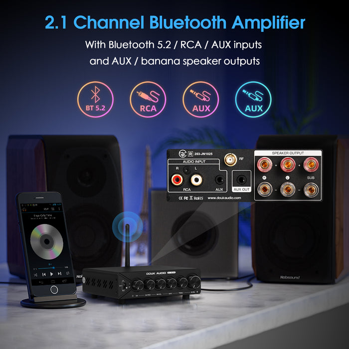 Douk Audio NS-14G PRO HiFi 2.1 Channel Bluetooth TPA3255 Digital Amplifier Subwoofer Stereo Audio Amp