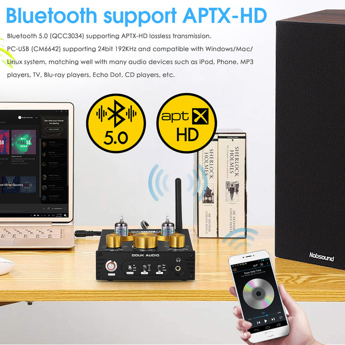 Douk Audio P1 HiFi Bluetooth 5.0 Vacuum Tube Preamp USB DAC Stereo Headphone Amplifier APTX-HD
