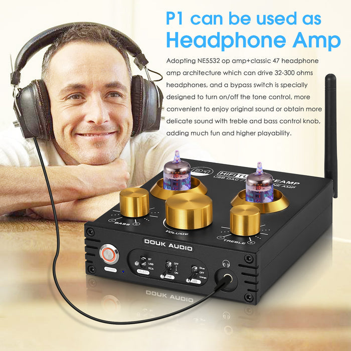 Douk Audio P1 HiFi Bluetooth 5.0 Vacuum Tube Preamp USB DAC Stereo Headphone Amplifier APTX-HD