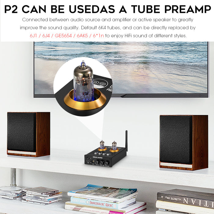 Douk Audio P2 Mini Bluetooth 5.0 Vacuum Tube Preamp USB Player Stereo Headphone Amplifier