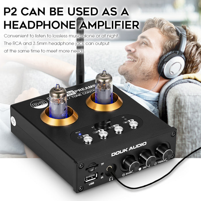 Douk Audio P2 Mini Bluetooth 5.0 Vacuum Tube Preamp USB Player Stereo Headphone Amplifier
