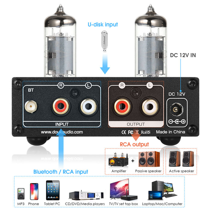 Douk Audio P6 MINI HiFi Vacuum Tube Preamp Bluetooth Stereo Audio Pre-amplifier Tone Control