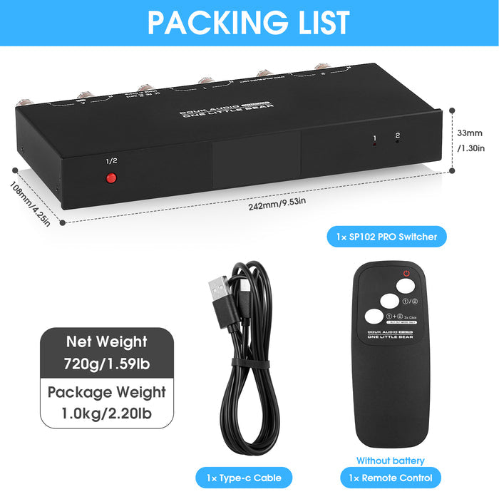 Douk Audio SP102 PRO 2 Way Amplifier / Speaker Switcher Box Stereo A/B Audio Selector LED Display