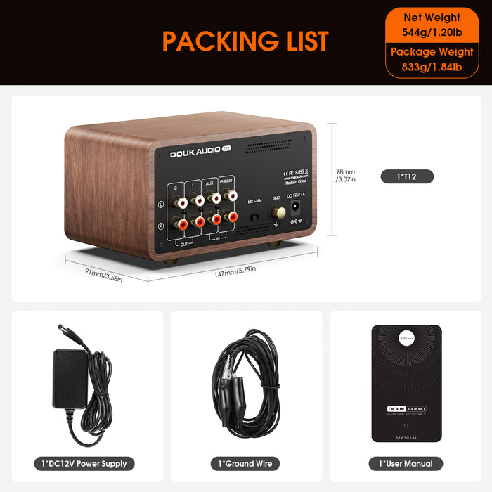 Douk Audio T12 Tube Phono Preamp MM/MC Turntable Headphone Amp
