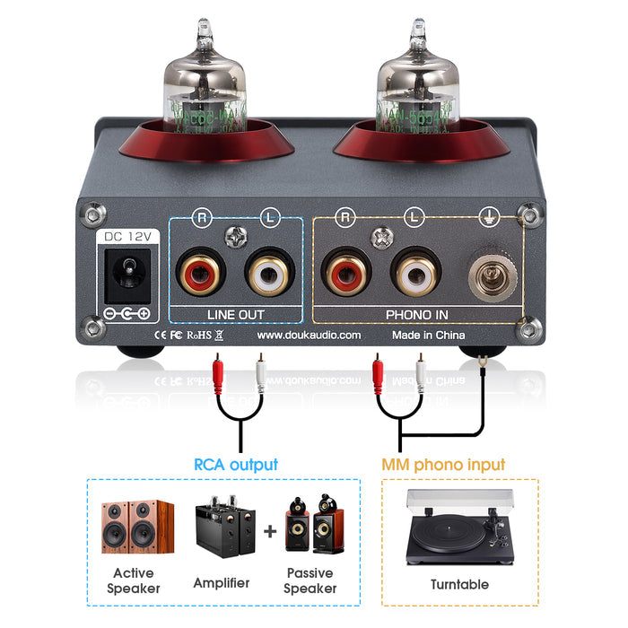 Douk Audio T4 PRO Mini GE5654 Vacuum Tube Phono Preamp Home Stereo Audio Pre-Amplifier Headphone Amp