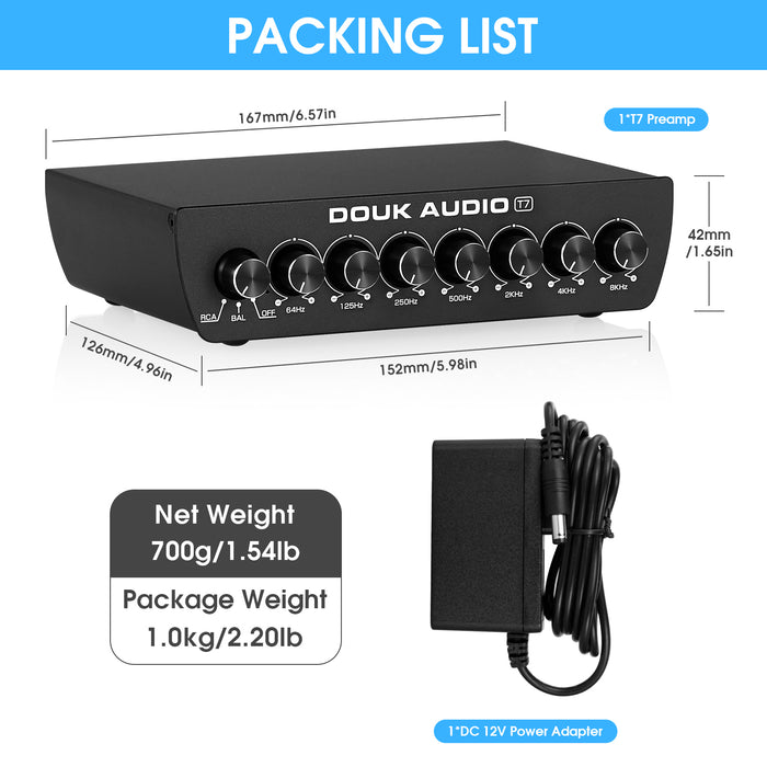 Douk Audio T7 7-Band Equalizer Balanced XLR / RCA Preamp for Home Amplifier