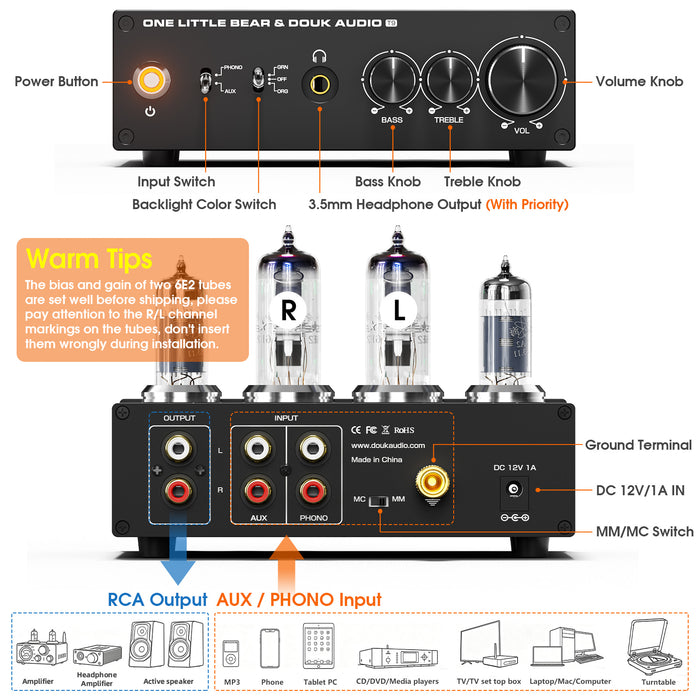 Douk Audio T9 6E2 Vacuum Tube Preamp MM/MC Phono