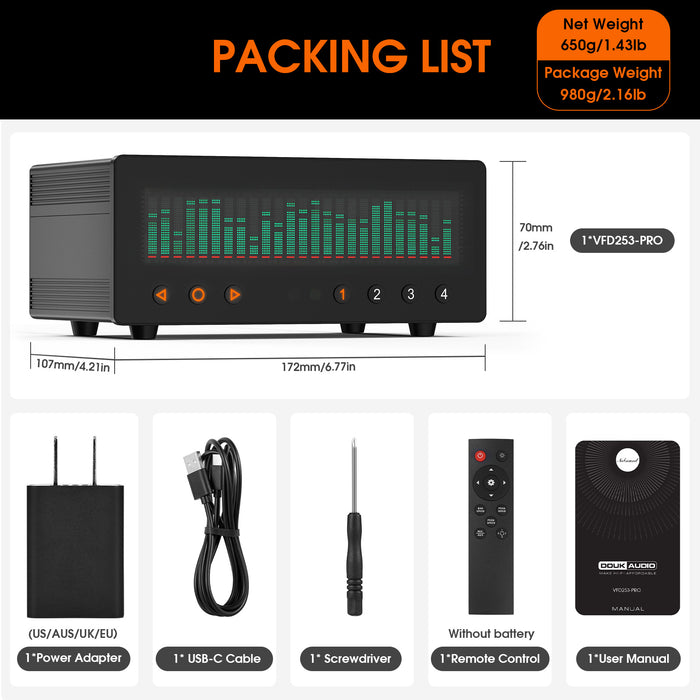 Douk Audio VFD253-PRO 4 Channel Audio Selector Music Spectrum Display