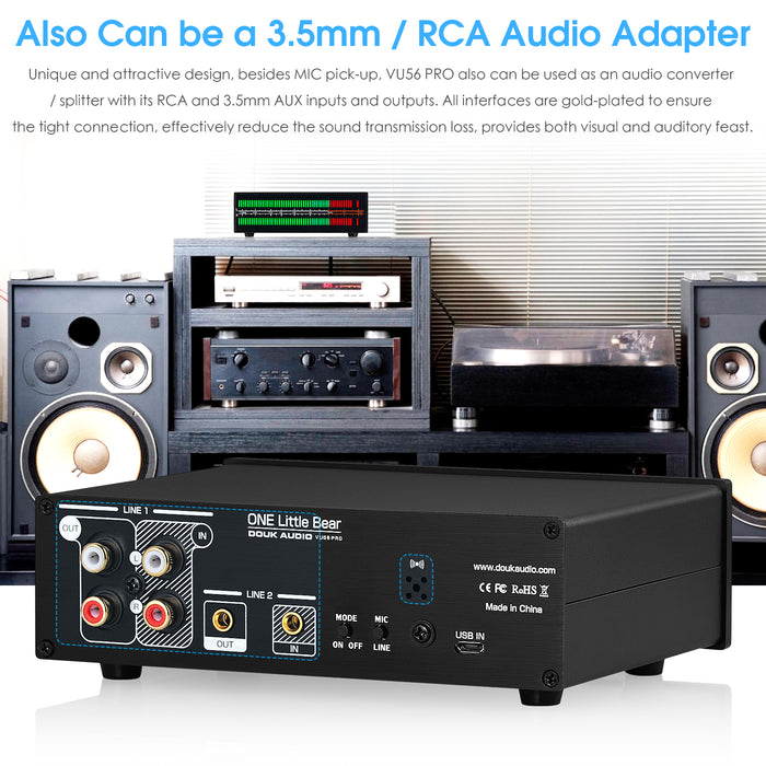 Douk Audio VU56PRO MIC+LINE Stereo RGB LED Sound Level Meter Audio Splitter Switcher Music Spectrum Visualizer
