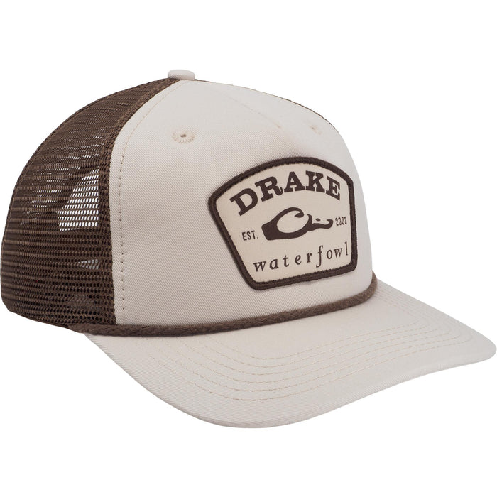 Sand/Chocolate | Trucker hat with Drake Waterfowl logo on a white background