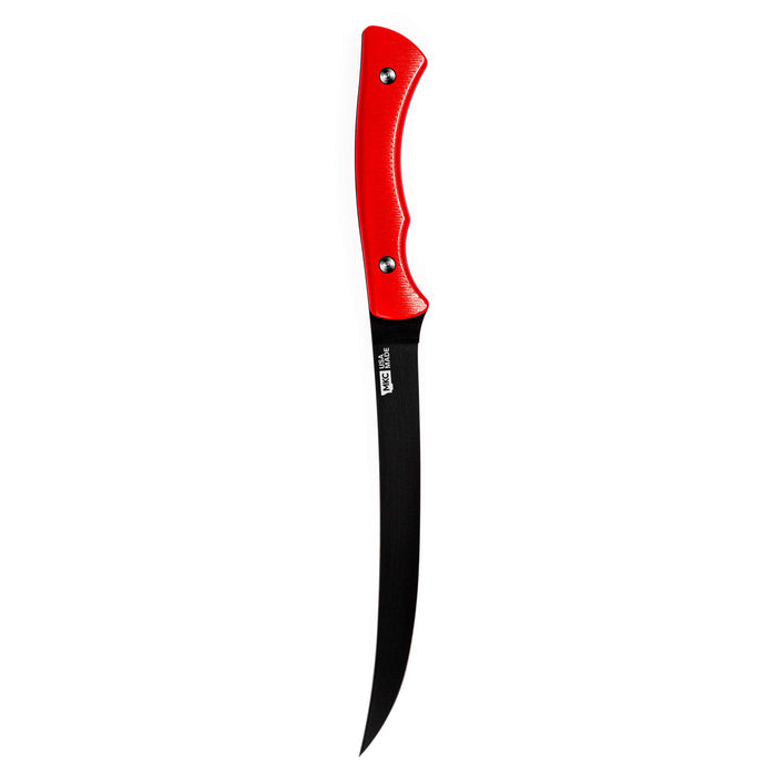 Red-handled Flathead Fillet knife with a long, curved black blade, designed for precision filleting and outdoor use.
