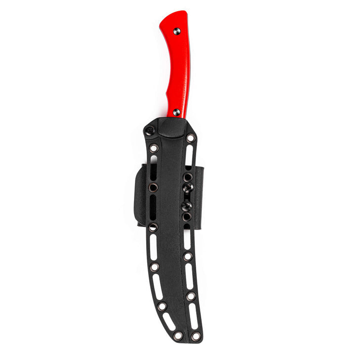 Red-handled Flathead fillet knife with a sleek design, featuring a durable sheath for secure storage and easy access.