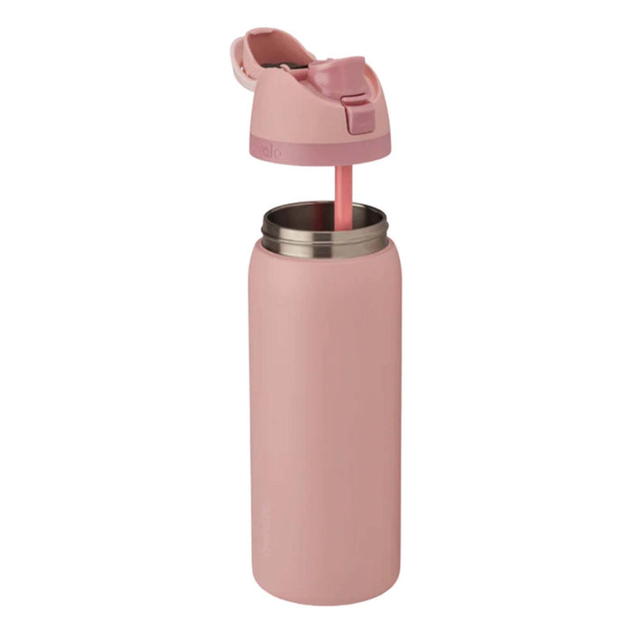 32oz Owala FreeSip Water Bottle in Rose Quartz with lid open and straw extended, angled side view.